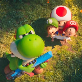 A colorful illustration featuring Yoshi, a green dinosaur, holding a blue weapon while looking confidently at the viewer. In the background, Mario, Luigi, and Toad are joyfully posing, set against a vibrant grassy landscape with flowers.