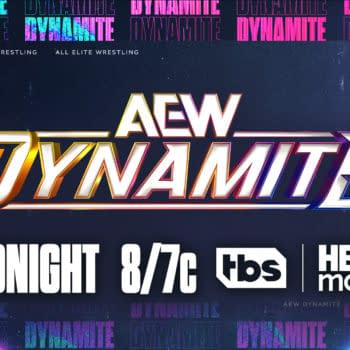 A promotional graphic for AEW Dynamite featuring bold text that reads 'AEW DYNAMITE' with a colorful background and details about the show timing and broadcasting channels. The design is dynamic and eye-catching, emphasizing entertainment.