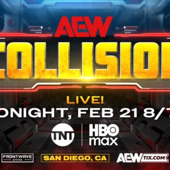 A promotional graphic for AEW Collision with bold text displaying 'COLLISION' and details about the event, including the date, time, and platform. The background features a futuristic design with red and black elements.