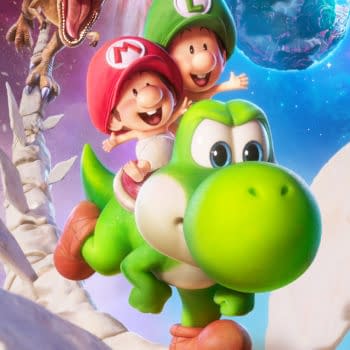 A colorful illustration from 'The Super Mario Galaxy Movie' featuring Yoshi, a green dinosaur-like character, with two childlike characters wearing red and green caps, reminiscent of Mario and Luigi. In the background, a dinosaur is seen roaring near a waterfall and a distant planet can be seen in the starry sky.