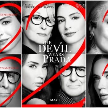 A black and white collage featuring close-up portraits of the cast from 'The Devil Wears Prada 2,' including Meryl Streep, Anne Hathaway, Emily Blunt, and Stanley Tucci, with a prominent red '2' overlaying the images.