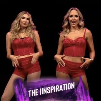 Two female wrestlers, The IInspiration, are posed in red outfits against a dark background, showcasing confidence and charisma. A graphic with their name overlays the lower part of the image.