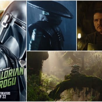 A collage featuring the characters The Mandalorian and Grogu from Star Wars, showcasing their adventurous journey through various scenes. The image includes a promotional poster with the text 'The Mandalorian and Grogu' and release details.