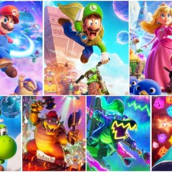 A vibrant cartoon-style poster featuring characters from the Super Mario Galaxy movie. Prominent characters like Mario, Luigi, Princess Peach, Toad, Bowser, and Yoshi are depicted in various colorful scenes set in a fantastical galaxy landscape.