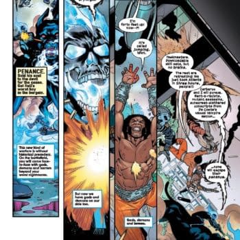 A comic book page featuring a group of diverse heroes engaged in an intense battle. One character is chained and looks determined despite the odds, while another character, appearing as a skeletal figure, is depicted with ominous energy surrounding them. Dialogue bubbles express urgency and determination in the fight against gods and demons.