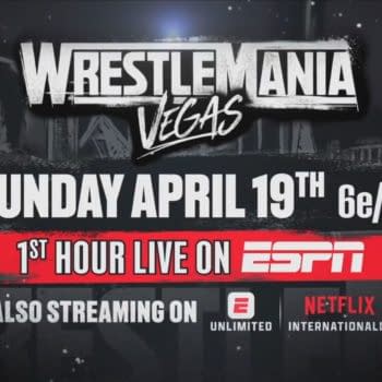 Promotional graphic for WrestleMania in Las Vegas, featuring event details like the date and broadcast options, set against a dramatic background.