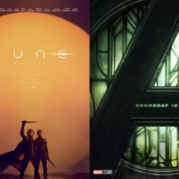 A digital collage featuring two movie posters: the left poster promotes 'Dune: Part Two' with a dramatic sunset backdrop and characters holding weapons, while the right poster features a stylized 'A' representing Avengers, accompanied by the release date 'Doomsday 12.18.26'.