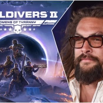 The image features promotional artwork for 'Helldivers II', showcasing armored soldiers with guns in a sci-fi landscape, and includes a photo of Jason Momoa with glasses and a beard on the right.