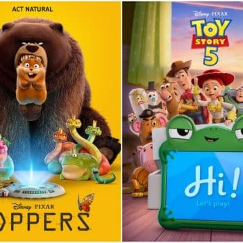 The image features characters from Disney Pixar's "Hoppers" and "Toy Story 5," showcasing a large bear and various animated creatures on the left, and beloved toy characters like Woody and Buzz Lightyear on the right, in a colorful, vibrant setting.