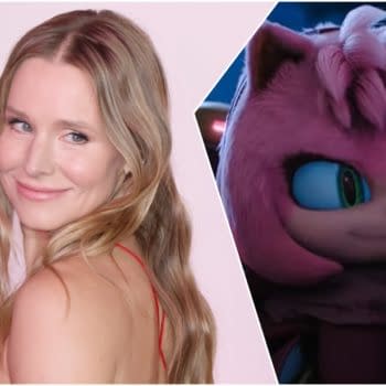 A split image featuring Kristen Bell smiling warmly on the left and the cartoon character Amy Rose from Sonic the Hedgehog 4 on the right, who has vibrant pink fur and large blue eyes. This promotional image connects the actress to the video game franchise.