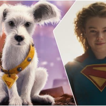 A cartoon illustration features Krypto, a fluffy white dog wearing a yellow collar with a super emblem, alongside Supergirl, who is smiling and wearing her blue and red superhero suit. This image highlights Krypto as a supportive pup, emphasizing their partnership.