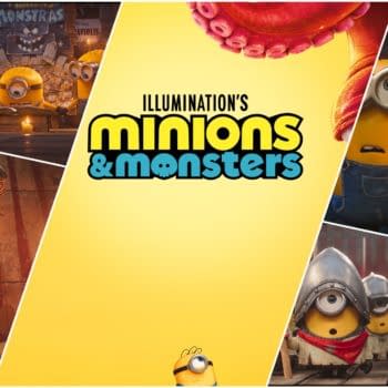 A colorful cartoon promotional image for 'Illumination's Minions & Monsters,' featuring multiple Minions in various playful poses alongside a mummy and other whimsical characters, all set against a bright yellow background.