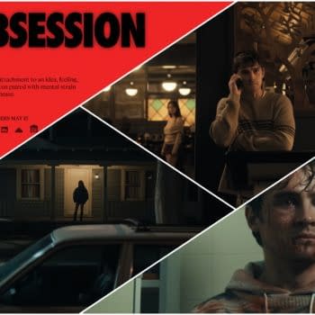 A promotional poster for the film 'Obsession', featuring scenes of two characters: one on a phone in a cozy environment, a woman in a dark setting outside a house, and a distressed man with blood on his face. The background is a striking red with the title and a definition of 'obsession' prominently displayed.
