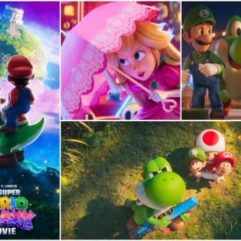 The poster for "The Super Mario Galaxy Movie" features Mario riding Yoshi, with colorful planets in the background. Other scenes show Princess Peach with an umbrella, Yoshi with a toy gun, and the characters Luigi and Mario interacting joyfully.