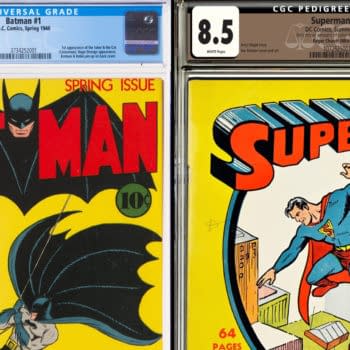 A side-by-side display of two vintage comic books: Batman #1 from Spring 1940 on the left, graded 9.4, and Superman #1 from Summer 1939 on the right, graded 8.5.
