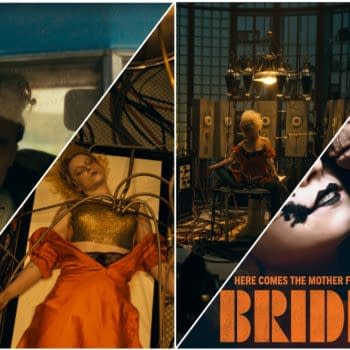 A collage featuring a male figure with scars, a woman lying on a table with wires attached, and another woman in an orange dress sitting in a dark room. The image prominently displays the text 'HERE COMES THE MOTHER F*^#ING BRIDE!'.