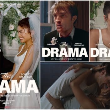 Promotional collage for 'The Drama' featuring Zendaya and Robert Pattinson in various emotional scenes, including a wedding setting and intimate moments, with bold titles and details about the film's release date.