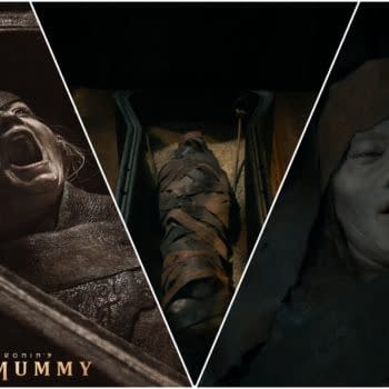 A collage featuring scenes from Lee Cronin's 'The Mummy.' One segment shows a screaming figure, another displays a wrapped mummy in a sarcophagus, and the third features a partially uncovered, eerie figure with a haunting expression.
