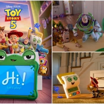 A colorful cartoon promotional image for 'Toy Story 5' featuring beloved characters like Woody, Buzz Lightyear, and Jessie, alongside a green interactive toy tablet displaying "Hi! Let's play!" The background showcases a cozy room filled with various toys.