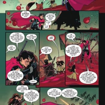 A comic book page featuring characters in a dramatic dialogue scene, with vibrant colors and stylized art. The characters include a man in a flowing cape, a girl in a dress, and a fox, set against a fantastical background with splashes of red and green.