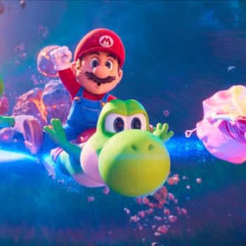 Animated characters Mario, Luigi, Yoshi, and Princess Peach are soaring through a colorful, cosmic backdrop filled with asteroids. The scene captures a sense of adventure and excitement.