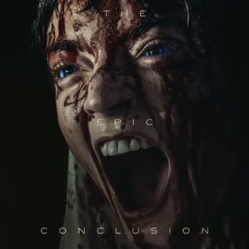 A character poster for 'Dune: Part Three' featuring a close-up of a woman with blood streaks on her face, screaming in anguish, emphasizing her bright blue eyes. The text overlay reads 'THE EPIC CONCLUSION' along with the film's title and release date.
