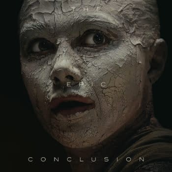 A character poster for 'Dune: Part Three' featuring a close-up of a person with cracked, textured makeup, conveying a dramatic expression. The text includes 'THE EPIC CONCLUSION' and 'DUNE PART THREE' along with a release date of December 18.