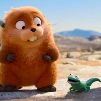 A colorful animated scene from Disney and Pixar's "Hoppers," featuring a cheerful orange beaver character named Loaf, alongside Mabel Beaver and Tom Lizard, who is a small green lizard with large eyes, set in a bright outdoor landscape.