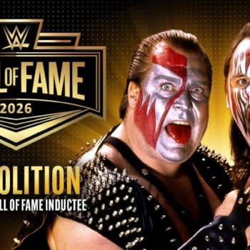 A promotional graphic featuring two wrestlers known as Demolition, wearing dramatic face paint and spiked costumes, celebrating their induction into the 2026 WWE Hall of Fame.