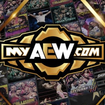 A graphic featuring the MyAEW streaming service logo, which is prominently displayed in black and gold, surrounded by various AEW event images and promotional content. The background includes several highlighted shows like AEW Revolution and AEW Collision.