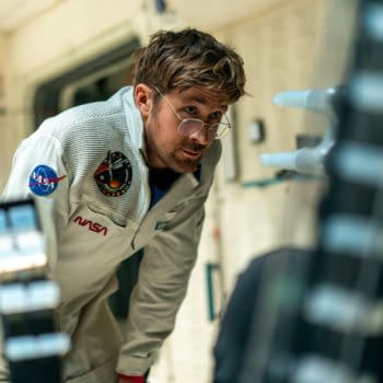 Ryan Gosling portrays Ryland Grace in a scene from the film 'Project Hail Mary', set on a spacecraft interior, wearing a NASA suit with glasses and an intent expression.