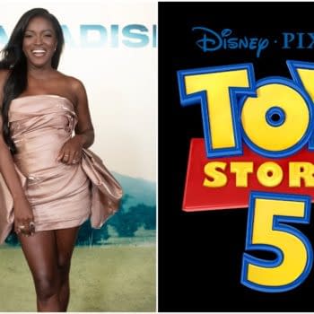 A joyful Krys Marshall poses in a stylish pink dress, with a green landscape backdrop, next to the colorful logo for 'Toy Story 5' featuring the Disney and Pixar branding.