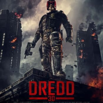 A dramatic poster for the film 'Dredd', featuring a futuristic law enforcer in armored gear, standing confidently amidst a smoky, burning urban landscape. The text 'Judgment is Coming' is prominently displayed above him, with the film's title 'Dredd 3D' at the bottom.