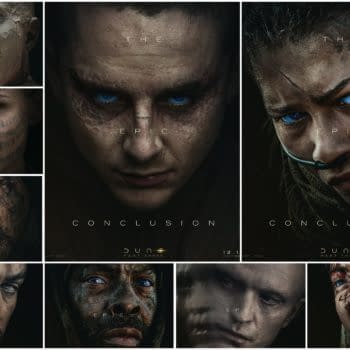 A collage of character posters from 'Dune: Part Three', featuring intense close-ups of various characters, each showcasing distinctive facial features and expressions, with blue eyes and dramatic textures. The text highlights 'THE EPIC CONCLUSION' and details about the film's release.
