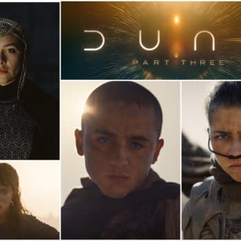A feature image for 'Dune: Part Three' showcasing key characters in dramatic close-ups, with the title 'DUNE PART THREE' displayed prominently in the center, stylized against a shimmering background. The characters display intense expressions, capturing the film's themes of conflict and resilience.