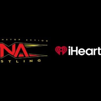 The logo for TNA Wrestling, featuring bold red letters and yellow accents, is displayed alongside the iHeartRadio logo, which includes a red heart symbol. Both logos are set against a black background.