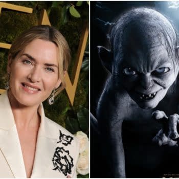 A split image features Kate Winslet smiling in a cream-colored outfit on the left, and a dramatic portrayal of Gollum, a character from 'The Lord of the Rings,' crouching and looking menacing on the right.