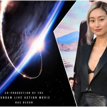 A visually striking graphic featuring a cosmic scene with a bright light and Earth in the background, alongside a portrait of actress Shioli Kutsuna wearing a stylish black outfit, promoting the Gundam live-action film.