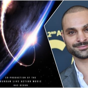 A promotional graphic featuring a swirling cosmic background next to a close-up of actor Michael Mando smiling, alongside text announcing the start of production for the live-action Gundam movie.