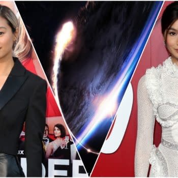 A split image featuring Shioli Kutsuna in a black blazer on the left and Gemma Chan in a sparkling white outfit on the right, with a cosmic background illustrating a dynamic scene from a Gundam film.