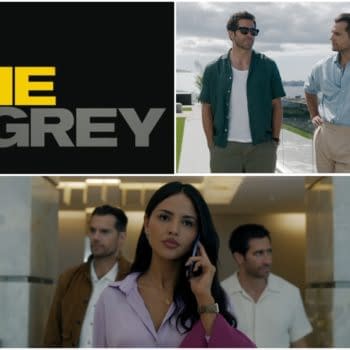A logo featuring the title 'IN THE GREY' in bold yellow and gray letters is displayed above three scenes: two men in casual attire standing outside with a coastal view, and a woman in a pink blouse on the phone with two men behind her in a modern interior.