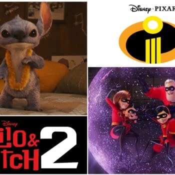 A cartoon image featuring Stitch, a blue alien character from Disney's "Lilo & Stitch 2," alongside the logo of "The Incredibles" by Pixar, showcasing characters from the movie including Mr. Incredible and Elastigirl. The background includes vibrant elements that highlight both films.