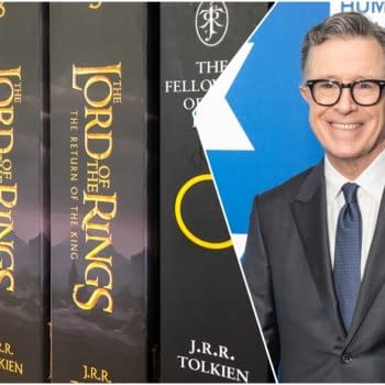 The image features a close-up of 'The Lord of the Rings' book series by J.R.R. Tolkien, alongside a portrait of Stephen Colbert smiling, set against a blue backdrop with geometric patterns.