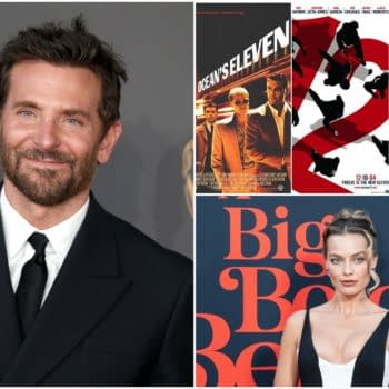 Bradley Cooper smiles at the camera, dressed in a black suit with a white shirt, next to a promotional display featuring posters from the 'Ocean's' film series. Margot Robbie poses in a stylish black dress against a vibrant red backdrop with the words 'Big Bad Bet.'