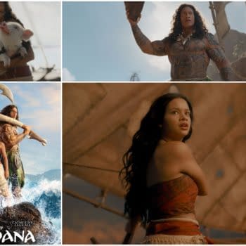 Collage featuring key moments from Disney's 'Moana,' showcasing Moana with a pig, Moana and Maui in action, and a close-up of Moana looking determined. The poster at the bottom features Moana and Maui standing heroically in front of the ocean.