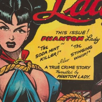 A vintage comic book cover featuring the character Phantom Lady. She has long dark hair and is wearing a blue outfit, with a red cape and a rope around her waist, against a bright yellow background. The text highlights stories like 'The Soda Mint Killer' and 'The Stinging Whip.'