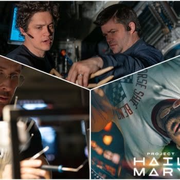 A collage featuring behind-the-scenes moments from 'Project Hail Mary,' showcasing crew members working on set, including a close-up of a man with glasses focused on equipment, and another man assisting a colleague with tools. The image also includes a promotional visual of a character from the project, highlighting the film's sci-fi theme.