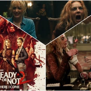 A promotional collage for 'Ready or Not 2,' featuring expressions of suspense and camaraderie among characters, with a prominent poster displaying the title and key visuals from the film.