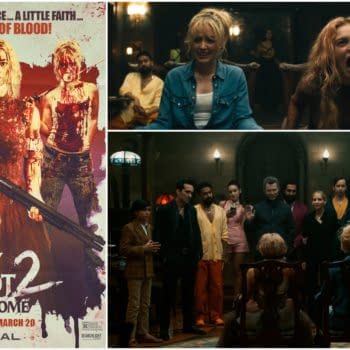 A promotional poster for 'Ready Or Not 2: Here I Come' featuring two women covered in blood, one holding a shotgun, against a colorful, splattered background. The poster emphasizes themes of horror and tension, with the tagline 'A little grace... a little faith... a lot of blood!'.