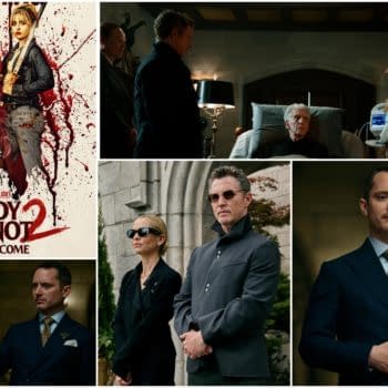 A movie poster for 'Ready or Not 2' featuring two women holding weapons against a backdrop of blood splatters, alongside various scenes including dramatic moments with characters in a mansion setting.